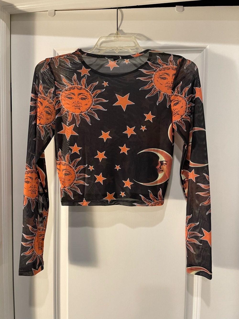 Women's Sheer Celestial Black Mesh Crop Top with Orange Sun & Star Print